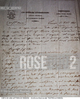 Nome:..ROSSINI GIOACHINO..Descrizione:..MUSICA CLASSICA / COPIA DI UNA LETTERA DEL COMPOSITORE DEL 13/02/1846 / PAGINA 1 ..Credit:..ARCHIVIO STORICO DEL TEATRO LA FENICE/..Costo:..A..Nazione:..ITALIA..Città:..VENEZIA..Data:..1990....La cessione dei diritti di questa immagine si intende per quanto di nostra competenza. Non comprende invece le eventuali spese  relative a diritti che potranno essere richiesti dagli Enti o persone fisiche cui appartengono eventualmente i soggetti  ripresi. Tali costi, ove necessari, e l’espletamento di qualsivoglia pratica di richiesta di concessione del permesso di pubblicazione sono esclusivamente a carico e a cura del soggetto acquirente di questa immagine.
