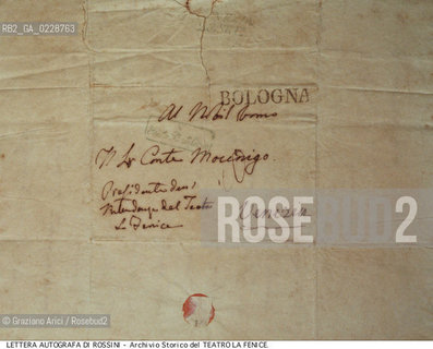 Nome:..ROSSINI GIOACHINO..Descrizione:..MUSICA CLASSICA COMPOSITORE / LETTERA AUTOGRAFA DEL 24/02/1840 AL CONTE MOCENIGO PRESIDENTE DELLINTENDENZA DEL TEATRO LA FENICE / INDICAZIONE DEL DESTINATARIO ..Credit:..ARCHIVIO STORICO DEL TEATRO LA FENICE/..Costo:..A..Nazione:..ITALIA..Città:..VENEZIA..Data:..1990....La cessione dei diritti di questa immagine si intende per quanto di nostra competenza. Non comprende invece le eventuali spese  relative a diritti che potranno essere richiesti dagli Enti o persone fisiche cui appartengono eventualmente i soggetti  ripresi. Tali costi, ove necessari, e l’espletamento di qualsivoglia pratica di richiesta di concessione del permesso di pubblicazione sono esclusivamente a carico e a cura del soggetto acquirente di questa immagine.