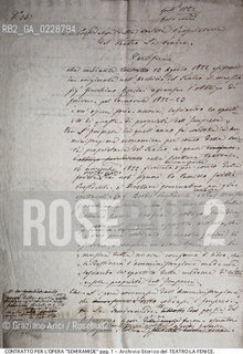 Nome:..SEMIRAMIDE..Descrizione:..MUSICA CLASSICA / COPIA DEL CONTRATTO DEL 10/08/1822 PER LOPERA DI GIOACHINO ROSSINI SEMIRAMIDE / PAGINA 1..Credit:..ARCHIVIO STORICO DEL TEATRO LA FENICE/..Costo:..A..Nazione:..ITALIA..Città:..VENEZIA..Data:..1990....La cessione dei diritti di questa immagine si intende per quanto di nostra competenza. Non comprende invece le eventuali spese  relative a diritti che potranno essere richiesti dagli Enti o persone fisiche cui appartengono eventualmente i soggetti  ripresi. Tali costi, ove necessari, e l’espletamento di qualsivoglia pratica di richiesta di concessione del permesso di pubblicazione sono esclusivamente a carico e a cura del soggetto acquirente di questa immagine.