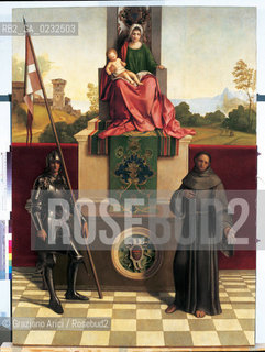 GIORGIONE - VENEZIA 31 OTTOBRE 2003 -MOSTRA LE MARAVIGLIE DELLARTE  GALLERIE DELLACCADEMIA.Madonna in trono con il Bambino, san Francesco e san Nicasio (o Liberale).Tavola, cm. 200,5 x 144,5.Castelfranco Veneto, Duomo di Santa Maria Assunta e San Liberale.Archivio Graziano Arici  © Archivio Fotografico della Soprintendenza, Venezia.La cessione dei diritti si intende per quanto di nostra competenza; non comprende invece le eventuali spese relative a diritti che potranno essere richiesti dagli Enti o Persone a cui appartengono le opere riprese. Tali costi, ove neccessari, e lÕespletamento di qualsivoglia pratica di richiesta di permessi e autorizzazioni sono esclusivamente  a  carico del committente.