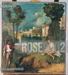 GIORGIONE - VENEZIA 31 OTTOBRE 2003 -MOSTRA LE MARAVIGLIE DELLARTE  GALLERIE DELLACCADEMIA.Tempesta.Tela, cm. 82 x 73.Venezia, Gallerie dellÕAccademia.Archivio Graziano Arici © Archivio Fotografico della Soprintendenza, Venezia.La cessione dei diritti si intende per quanto di nostra competenza; non comprende invece le eventuali spese relative a diritti che potranno essere richiesti dagli Enti cui appartengono le opere riprese. Tali costi, ove neccessari, e lÕespletamento di qualsivoglia pratica di richiesta di permessi e autorizzazioni sono esclusivamente  a  carico del committente...