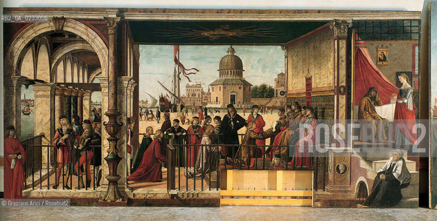 VITTORE CARPACCIO - Storie di santOrsola, Arrivo degli ambasciatori, Olio su tela, 278 x 589 cm, Venezia, Gallerie dellAccademia. Archivio Graziano Arici - Mostra Carpaccio, pittore di storie GALLERIE ALLACCADEMIA 27 NOVEMBRE 2004/23 MARZO 2005 La cessione dei diritti si intende per quanto di nostra competenza; non comprende invece le eventuali spese relative a diritti che potranno essere richiesti dagli Enti o Persone a cui appartengono le opere riprese. Tali costi, ove neccessari, e lÕespletamento di qualsivoglia pratica di richiesta di permessi e autorizzazioni sono esclusivamente  a  carico del committente..
