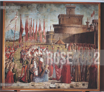 VITTORE CARPACCIO - Storie di santOrsola, Arrivo a Roma, Olio su tela, 281 x 307 cm.Venezia, Gallerie dellAccademia. Archivio Graziano Arici - Mostra Carpaccio, pittore di storie GALLERIE ALLACCADEMIA 27 NOVEMBRE 2004/23 MARZO 2005 La cessione dei diritti si intende per quanto di nostra competenza; non comprende invece le eventuali spese relative a diritti che potranno essere richiesti dagli Enti o Persone a cui appartengono le opere riprese. Tali costi, ove neccessari, e lÕespletamento di qualsivoglia pratica di richiesta di permessi e autorizzazioni sono esclusivamente  a  carico del committente.