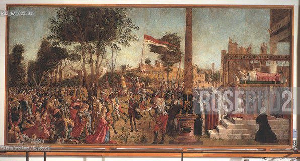 VITTORE CARPACCIO - Storie di santOrsola, Martirio dei pellegrini e le esequie di santOrsola, Olio su tela, 271 x 561 cm.Venezia, Gallerie dellAccademia. Archivio Graziano Arici - Mostra Carpaccio, pittore di storie GALLERIE ALLACCADEMIA 27 NOVEMBRE 2004/23 MARZO 2005 La cessione dei diritti si intende per quanto di nostra competenza; non comprende invece le eventuali spese relative a diritti che potranno essere richiesti dagli Enti o Persone a cui appartengono le opere riprese. Tali costi, ove neccessari, e lÕespletamento di qualsivoglia pratica di richiesta di permessi e autorizzazioni sono esclusivamente  a  carico del committente.