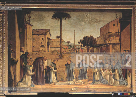 VITTORE CARPACCIO - Storie di san Girolamo, Esequie di san Girolamo, Olio su tela, 141 x 211 cm.Venezia, Scuola di San Giorgio degli Schiavoni. Archivio Graziano Arici - Mostra Carpaccio, pittore di storie GALLERIE ALLACCADEMIA 27 NOVEMBRE 2004/23 MARZO 2005 La cessione dei diritti si intende per quanto di nostra competenza; non comprende invece le eventuali spese relative a diritti che potranno essere richiesti dagli Enti o Persone a cui appartengono le opere riprese. Tali costi, ove neccessari, e lÕespletamento di qualsivoglia pratica di richiesta di permessi e autorizzazioni sono esclusivamente  a  carico del committente.