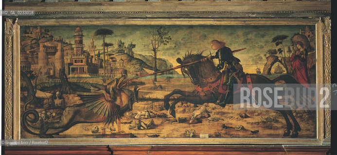 VITTORE CARPACCIO - Storie di san Giorgio, San Giorgio che sconfigge il drago, Olio su tela, 141 x 360 cm.Venezia, Scuola di San Giorgio degli Schiavoni. Archivio Graziano Arici - Mostra Carpaccio, pittore di storie GALLERIE ALLACCADEMIA 27 NOVEMBRE 2004/23 MARZO 2005 La cessione dei diritti si intende per quanto di nostra competenza; non comprende invece le eventuali spese relative a diritti che potranno essere richiesti dagli Enti o Persone a cui appartengono le opere riprese. Tali costi, ove neccessari, e lÕespletamento di qualsivoglia pratica di richiesta di permessi e autorizzazioni sono esclusivamente  a  carico del committente.