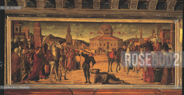 VITTORE CARPACCIO - Storie di san Giorgio, Trionfo di san Giorgio, Olio su tela, 141 x 360 cm.Venezia, Scuola di San Giorgio degli Schiavoni. Archivio Graziano Arici - Mostra Carpaccio, pittore di storie GALLERIE ALLACCADEMIA 27 NOVEMBRE 2004/23 MARZO 2005 La cessione dei diritti si intende per quanto di nostra competenza; non comprende invece le eventuali spese relative a diritti che potranno essere richiesti dagli Enti o Persone a cui appartengono le opere riprese. Tali costi, ove neccessari, e lÕespletamento di qualsivoglia pratica di richiesta di permessi e autorizzazioni sono esclusivamente  a  carico del committente.