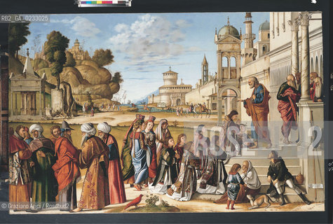 VITTORE CARPACCIO - Storie di santo Stefano, Consacrazione dei sette diaconi, Olio su tela, 148 x 231 cm.Berlino, Staatliche Mueen zu Berlin, Preu§ischer Kulturbesitz, GemŠldegalerie. Archivio Graziano Arici - Mostra Carpaccio, pittore di storie GALLERIE ALLACCADEMIA 27 NOVEMBRE 2004/23 MARZO 2005 La cessione dei diritti si intende per quanto di nostra competenza; non comprende invece le eventuali spese relative a diritti che potranno essere richiesti dagli Enti o Persone a cui appartengono le opere riprese. Tali costi, ove neccessari, e lÕespletamento di qualsivoglia pratica di richiesta di permessi e autorizzazioni sono esclusivamente  a  carico del committente.