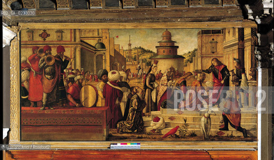 VITTORE CARPACCIO - Storie di san Giorgio, San Giorgio che battezza i Seleniti, Olio su tela, 141 x 285 cm.Venezia, Scuola di San Giorgio degli Schiavoni. Archivio Graziano Arici - Mostra Carpaccio, pittore di storie GALLERIE ALLACCADEMIA 27 NOVEMBRE 2004/23 MARZO 2005 La cessione dei diritti si intende per quanto di nostra competenza; non comprende invece le eventuali spese relative a diritti che potranno essere richiesti dagli Enti o Persone a cui appartengono le opere riprese. Tali costi, ove neccessari, e lÕespletamento di qualsivoglia pratica di richiesta di permessi e autorizzazioni sono esclusivamente  a  carico del committente.