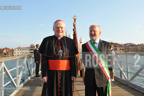 Venice 16/7/11  - The cardinal Angelo Scola with the Major of Veneice Orsoni over the Boat-Bridge in Giudecca Canal for the Redentore Feast festa fuochi dartificio ©Graziano Arici/Rosebud2
