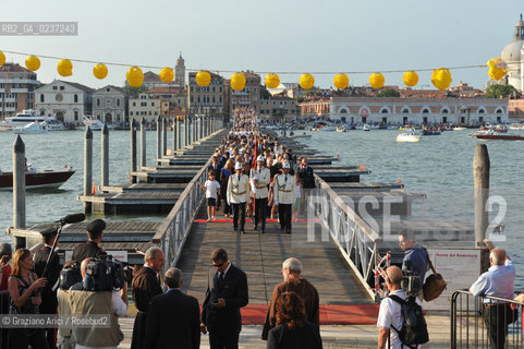 Venice 16/7/11 - The cardinal Angelo Scola over the Boat-Bridge in Giudecca Canal for the Redentore Feast festa fuochi dartificio ©Graziano Arici/Rosebud2