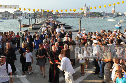 Venice 16/7/11 - The cardinal Angelo Scola over the Boat-Bridge in Giudecca Canal for the Redentore Feast festa fuochi dartificio ©Graziano Arici/Rosebud2