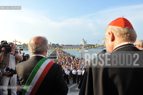 Venice 16/7/11 - The cardinal Angelo Scola over the Boat-Bridge in Giudecca Canal for the Redentore Feast festa fuochi dartificio ©Graziano Arici/Rosebud2
