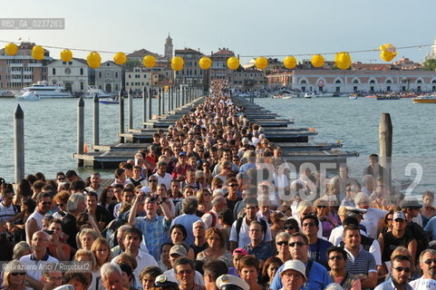 Venice 16/7/11 - The cardinal Angelo Scola over the Boat-Bridge in Giudecca Canal for the Redentore Feast festa fuochi dartificio ©Graziano Arici/Rosebud2