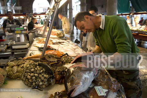 Venice 5/5/12 - One of the best fishmonger in the Rialto Fishmarket. Marco Bergamasco - pescivendolo di Rialto pesce mercato ©Graziano Arici/Rosebud2