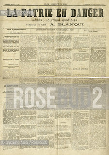 -Parigi, 1870. Pagina del quotidiano politico La patrie en danger, diretto da Louis Auguste Blanqui,.n°87, giovedì 8 dicembre 1870,50x60cm circa. Parigi comune fotoantiche giornale quotidiano politica.-Paris,1870. Page from the political newspaper La patrie en danger, directed by Louis Auguste Blanqui,n°87, dated 8 december 1870,50x60cm © Archivio Graziano Arici