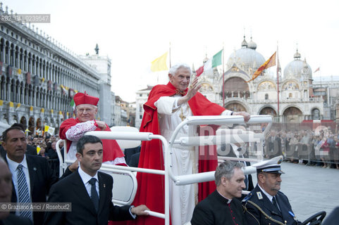 Venice 7/5/11 - Benedict XVIs visit to the Diocese of the Northeast: Pope Ratzinger visit the city of Venice in S.Marks Place with the Cardinal Scola papa piazza s.marco papamobile auto ©Graziano Arici/Rosebud2