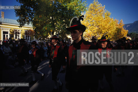 -1990. Alto Adige, Merano: Schützen (schuetzen), corpo paramilitare altoatesino. Geo Sudtirolo altoadige corpo politica para militare movimento soldato militare -1990, Alto Adige-Südtirol, Meran: Schützen (schuetzen), paramilitary corp ©Graziano Arici/Rosebud2