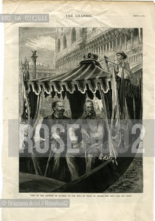 -Londra, 1875. Pagina del quotidiano inglese illustratoThe graphic, 10 aprile 1875, cm 27x48. Litografia raffigurante la visita dellimperatore dAustria  Francesco Giuseppe a Venezia insieme al Re dItalia Vittorio Emanuele II il giorno 5 aprile 1875. Rivista illustrata, illustrazione, litografia.-London,1875. Page from the british illustrated newspaper The graphic,dated 10 aprile 1875, cm 27x 48.Lithograph depicting the visit of Emperor Franz Joseph of Austria in Venice with the king of Italy Vittorio Emanuele II, during the day 5 april 1875.. © Archivio Graziano Arici