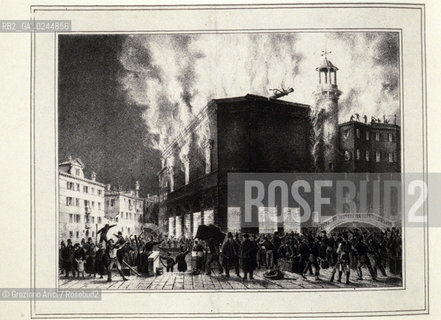 Venezia,29.01.1996.Il Gran Teatro La Fenice in fiamme durante lincendio del 1837 in una rappresentazione littografica.teatro fuoco incendio fiamme distruzione bruciare -Venice, 29.01.1996.Lithography of destructive fire in 1837 at the Gran teatro La Fenice. thatre burn fire blaze ©Graziano Arici/Rosebud2