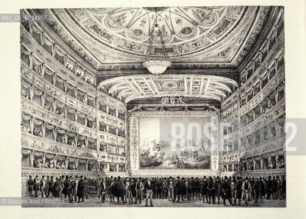 Venezia,29.01.1996.Il Gran Teatro La Fenice nel 1832 in una littografia. teatro fuoco incendio fiamme distruzione bruciare littografia-Venice, 29.01.1996. Lithography of Gran teatro La Fenice interior in 1832 ©Graziano Arici/Rosebud2