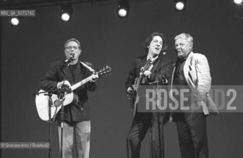 VENEZIA 1990 COMICI ENZO IANNACCI GIORGIO GABER PAOLO VILLAGGIO © GRAZIANO ARICI PROFESSIONE COMICO TEATRO LA PERLA LIDO  astga ©Graziano Arici/Rosebud2