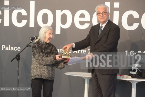 Venice 28 may 2013 - Il Palazzo Enciclopedico 55th Exhibition Biennale Gardens the curator Massimiliano Gioni and the President Paolo Baratta give the Golden Lion for Lifetime Achievement to Marisa Merz - artist arte ©Graziano Arici/Rosebud2