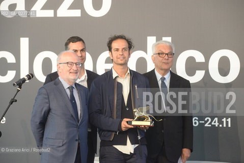 Venice 28 may 2013 - Il Palazzo Enciclopedico 55th Exhibition Biennale Gardens the curator Massimiliano Gioni the Mayor Giorgio Orsoni and the President Paolo Baratta give the Golden Lion for the Best Artist to Tino Sehgal  - artist arte ©Graziano Arici/Rosebud2