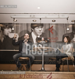 Italian writer and journalist Roberto Saviano, author of Gomorrah, living since 2006 under a permanent police escort, pictured in Milan at the presentation of his book Vieni via con me published by Feltrinelli. ©Grazia Ippolito/Rosebud2