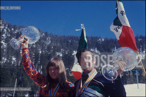 Austrian skier Anne Marie Proell and italian skier Gustav Thoeni winners of the Ski World Cup 1973 in Heavenly Valley, California ©Grazia Ippolito/Rosebud2