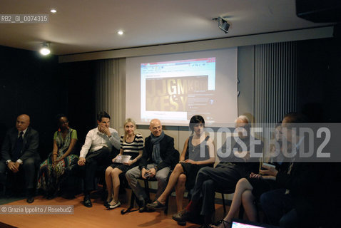 Alberto gaffi, Igiaba Scego,Ale Agostini,Stefania Rabuffetti,Massimo Arcangeli, Paola Soriga,Filippo La Porta,Viola Di Grado, Michele Mirabella, during the speech at the opening of Festival Letteratura Milano, at Fnac,via Torino. ©Grazia Ippolito/Rosebud2