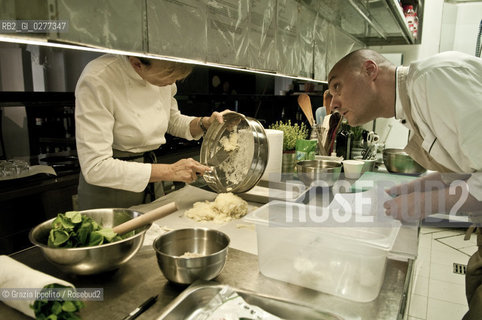 Simone Salvini, vegetarian and vegan master chef,in his restaurant Ops! in via Bergamo,56 in Rome,with his assistants Eleonora and Rina ©Grazia Ippolito/Rosebud2