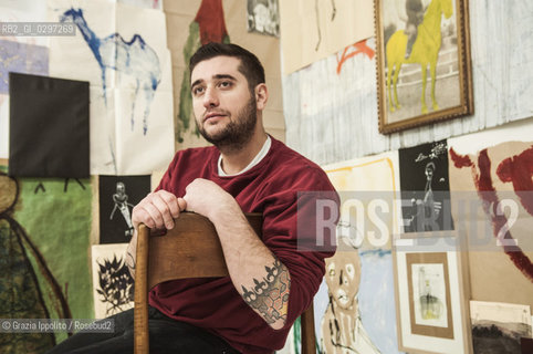 Thomas Berra,italian painter at his solo exhibition at Room gallery, 4,via Hayez, Milan..The artist T.B. is born in Desio 5-22-1986 ©Grazia Ippolito/Rosebud2