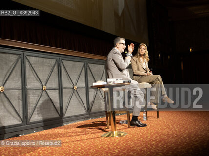 Erin Doom, writer, at the presentation of her third book Stigma with journalist Fabio Fazio at Odeon Palace