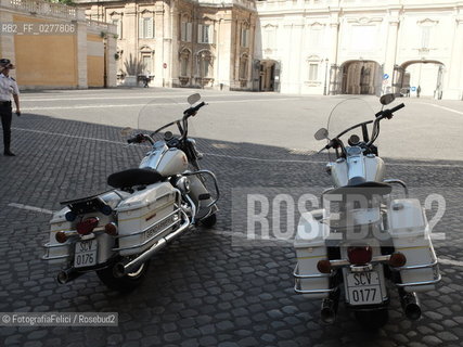 Rome, Vatican City, June 16, 2013.Le motociclette Harley Davidson della gendarmeria pontificia, the Harley Davidson of the Papal Police, Pope Francis. ©FotografiaFelici/Rosebud2