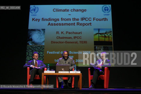 Rome, Auditorium Jan 14 2008.The Festival of Sciences Global ConScience.Rajendra Kumar Pachauri, Walter Veltroni .The Climate and the State of the Planet. The Role of Science and the Duties of Politics..In the picture: Vittorio Bo, Walter Veltroni and Rajendra Kumar Pachauri..  ©Riccardo Musacchio & Flavio Ianniello/Rosebud2