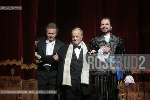 18 Jan 2006 Rome Opera Theatre..Don Giovanni. Music Wolfgang Amadeus Mozart..Opera Theatre Orchestra and chorus..Director: Franco Zeffirellli.Conductor: Hubert Saudant.In the picture: the director Franco Zeffirelli, the conductor Hubert Saudant and Marco Vinco (Don Giovanni).  ©Riccardo Musacchio & Flavio Ianniello/Rosebud2