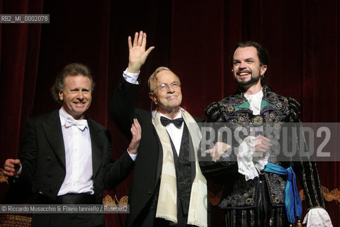 18 Jan 2006 Rome Opera Theatre..Don Giovanni. Music Wolfgang Amadeus Mozart..Opera Theatre Orchestra and chorus..Director: Franco Zeffirellli.Conductor: Hubert Saudant.In the picture: the director Franco Zeffirelli, the conductor Hubert Saudant and Marco Vinco (Don Giovanni).  ©Riccardo Musacchio & Flavio Ianniello/Rosebud2