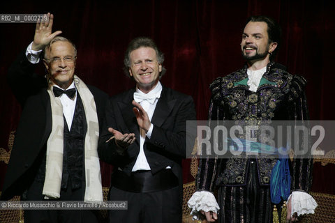 18 Jan 2006 Rome Opera Theatre..Don Giovanni. Music Wolfgang Amadeus Mozart..Opera Theatre Orchestra and chorus..Director: Franco Zeffirellli.Conductor: Hubert Saudant.In the picture: the director Franco Zeffirelli, the conductor Hubert Saudant and Marco Vinco (Don Giovanni).  ©Riccardo Musacchio & Flavio Ianniello/Rosebud2