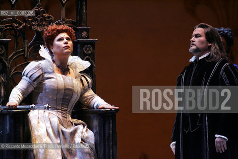 Mar 21 2005 , Opera Theatre of Rome.MARIA STUARDA composed by Gaetano Donizetti.director and costume designer: Francesco Esposito.conductor: Riccardo Frizza.Scene: Italo Grassi.In The picture: Elisabetta: Marianna Pentcheva, Talbot: Enrico Turco.  ©Riccardo Musacchio & Flavio Ianniello/Rosebud2