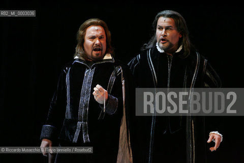 Mar 21 2005 , Opera Theatre of Rome.MARIA STUARDA composed by Gaetano Donizetti.director and costume designer: Francesco Esposito.conductor: Riccardo Frizza.Scene: Italo Grassi.In The picture: Roberto: Dario Schmunck , Cecil: Dario Solari.  ©Riccardo Musacchio & Flavio Ianniello/Rosebud2