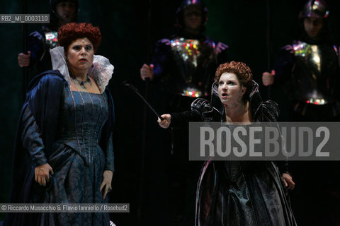 Mar 21 2005 , Opera Theatre of Rome.MARIA STUARDA composed by Gaetano Donizetti.director and costume designer: Francesco Esposito.conductor: Riccardo Frizza.Scene: Italo Grassi.In The picture: Elisabetta: Marianna Pentcheva, Maria Stuarda: Mariella Devia.  ©Riccardo Musacchio & Flavio Ianniello/Rosebud2