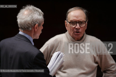 Feb 24 2006 Rome, Auditorium.National Santa Cecilia Orchestra and Choir.Conductor Ennio Morricone.In the picture: Ennio Morricone with Gaston Fournier Facio (artistic director of Santa Cecilia).  ©Riccardo Musacchio & Flavio Ianniello/Rosebud2