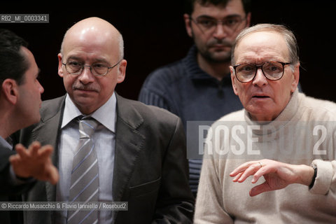 Feb 24 2006 Rome, Auditorium.National Santa Cecilia Orchestra and Choir.Conductor Ennio Morricone.In the picture: Roberto Gabbiani (conductor of Choir) and Ennio Morricone .  ©Riccardo Musacchio & Flavio Ianniello/Rosebud2