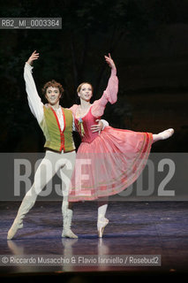 Feb 28 2006, Rome Opera Theatre .GISELLE, a ballet from music of Adolphe-Charles Adam .Orchestra and ballet company of Opera Theatre.conductor: David Coleman.Coreografphie of Carla Fracci, by Jean Coralli, Jules Perrot, Marius Petipa, Anton Dolin .Scene and Costumes: Anna Anni.Dancers:.Giselle: Svetlana Lunkina.The Prince Albrecht: Yuri Vyskubenko.In the picture: the dancers Riccardo di Cosmo e Michela Fontanini.  ©Riccardo Musacchio & Flavio Ianniello/Rosebud2