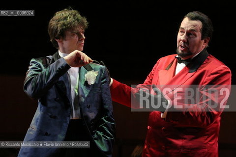 Rome, Auditorium Parco della Musica 16 02 2006.The Rakes Progress an Igor Stravinskij opera.Orchestra and Choir of the Accademia Nazionale di Santa Cecilia, conductor Daniele Gatti, director Lorenzo Mariani, scene and costums Maurizio Balo.in the picture: the tenore Rainer Trost (Tom Rakewell) and the baritono James Morrison (Nick Shadow).  ©Riccardo Musacchio & Flavio Ianniello/Rosebud2