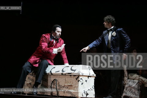 Rome, Auditorium Parco della Musica 16 02 2006.The Rakes Progress an Igor Stravinskij opera.Orchestra and Choir of the Accademia Nazionale di Santa Cecilia, conductor Daniele Gatti, director Lorenzo Mariani, scene and costums Maurizio Balo.in the picture: the tenore Rainer Trost (Tom Rakewell) and the baritono James Morrison (Nick Shadow).  ©Riccardo Musacchio & Flavio Ianniello/Rosebud2