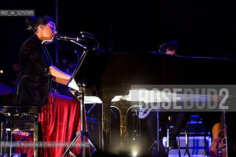 Rome Auditorium Music Park Feb 20 2013.Italian indie rock band Baustelle in concert Fantasma..Francesco Bianconi - lyrics, vocals, guitar, keyboard.Rachele Bastreghi - vocals, keyboard, percussion.Claudio Brasini - guitarEnsemble Simphony Orchestra.  ©Riccardo Musacchio & Flavio Ianniello/Rosebud2