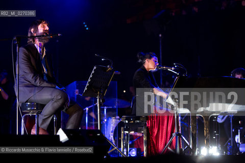 Rome Auditorium Music Park Feb 20 2013.Italian indie rock band Baustelle in concert Fantasma..Francesco Bianconi - lyrics, vocals, guitar, keyboard.Rachele Bastreghi - vocals, keyboard, percussion.Claudio Brasini - guitarEnsemble Simphony Orchestra.  ©Riccardo Musacchio & Flavio Ianniello/Rosebud2