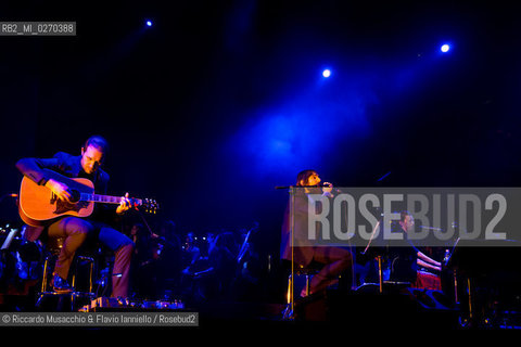 Rome Auditorium Music Park Feb 20 2013.Italian indie rock band Baustelle in concert Fantasma..Francesco Bianconi - lyrics, vocals, guitar, keyboard.Rachele Bastreghi - vocals, keyboard, percussion.Claudio Brasini - guitarEnsemble Simphony Orchestra.  ©Riccardo Musacchio & Flavio Ianniello/Rosebud2